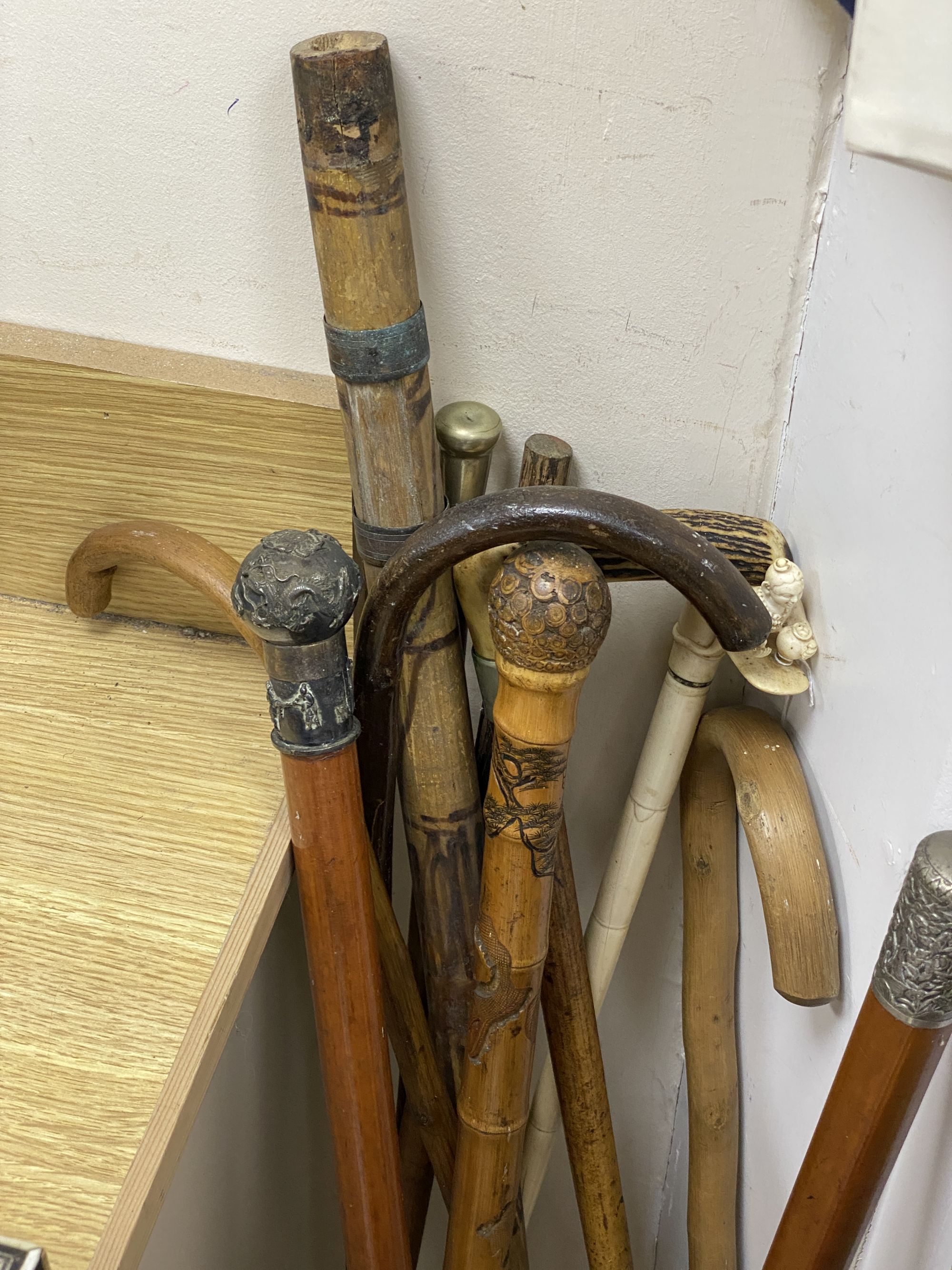 A collection of walking sticks, including ivory handles